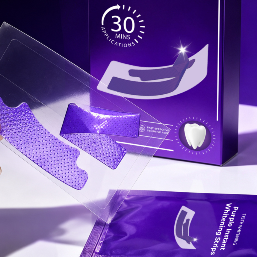 V34 purple whitening strips beside the box, 30 minute application