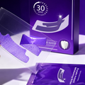 V34 purple whitening strips beside the box, 30 minute application